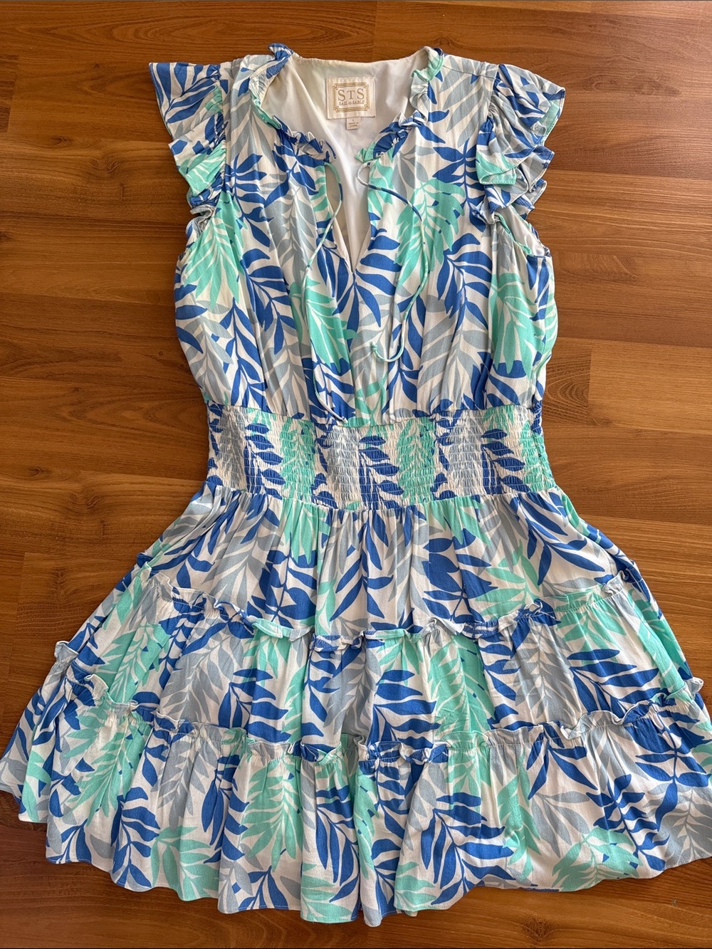 Sail to Sable Blue and Mint Leaf-Print Ruffle Mini Dress